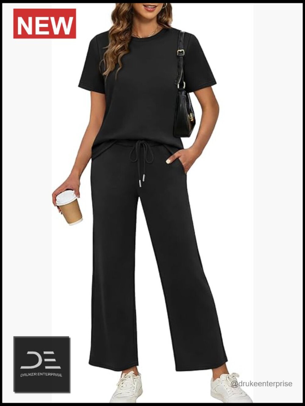 2 Piece Lounge Set Wide Leg Tracksuit Side Slit Top Lightweight 4-Way Stretch